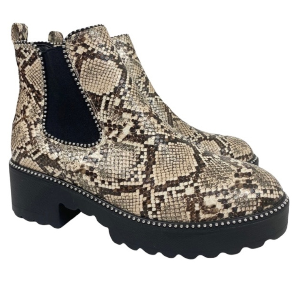 JOLIMALL Snakeskin Print Vegan Leather Chunky Sole Platform Moto Pull-On Boot 10
